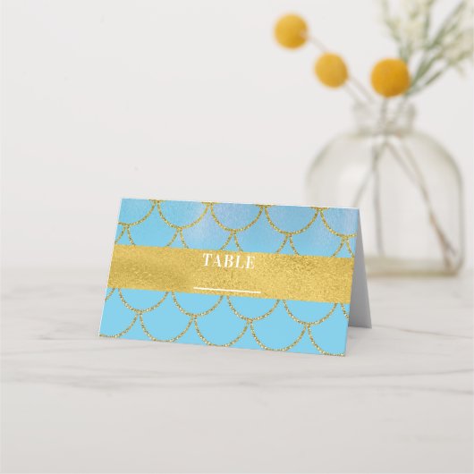 Blue Gold Shimmer Mermaid Party Tischnummer Platzkarte (Vorderseite)