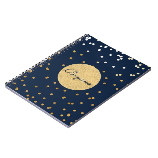 Blue & Gold Shiny Confetti Dots Modernes Notebook Notizblock (Linke Seite)