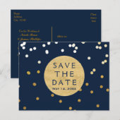 Blue & Gold Shiny Confetti Dots Save the Date Ankündigungspostkarte (Vorne/Hinten)
