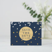 Blue & Gold Shiny Confetti Dots Save the Date Ankündigungspostkarte (Stehend Vorderseite)