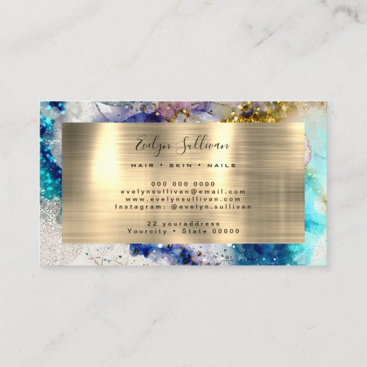 Blue Gold Silber Glitzer Aquarell Business Card Visitenkarte (Rückseite)
