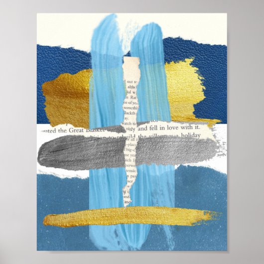 Blue Gold Silver Abstrakt Collage Poster (Vorne)