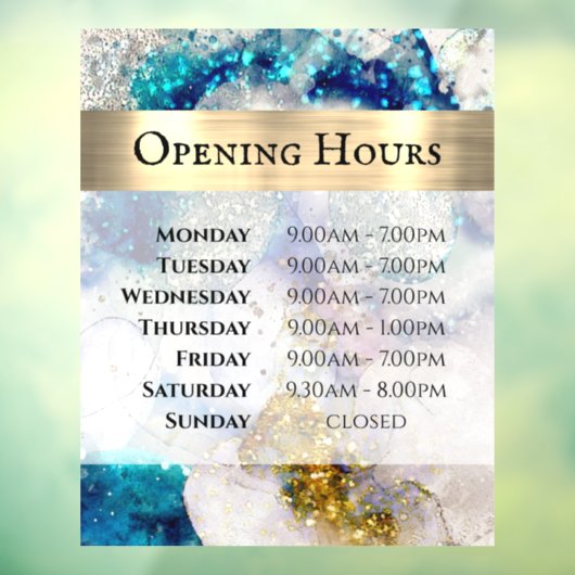 Blue Gold Silver Glitzer Wasserfarbe Öffnungszeite Fensteraufkleber (Blatt 3)