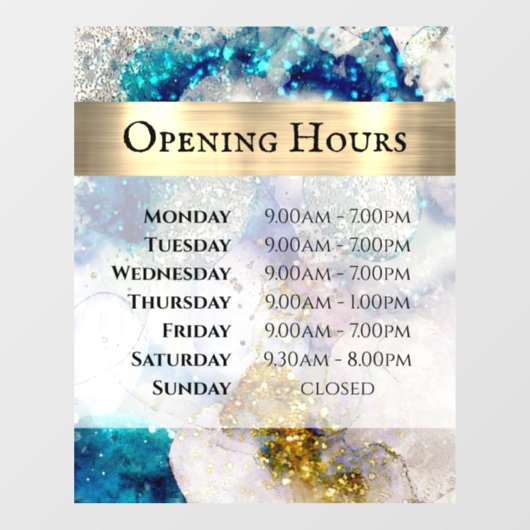 Blue Gold Silver Glitzer Wasserfarbe Öffnungszeite Fensteraufkleber (Blatt)