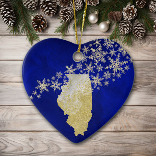 Blue Gold Snowflake Illinois Herz Keramik Ornament