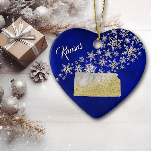 Blue Gold Snowflake Kansas Herz Keramik Ornament