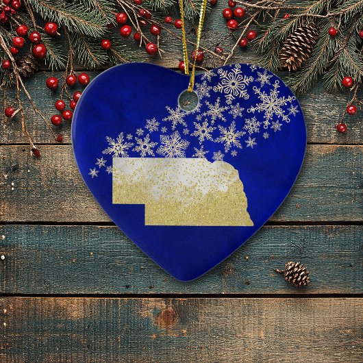 Blue Gold Snowflake Nebraska Herz Keramik Ornament
