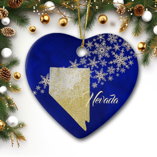 Blue Gold Snowflake Nevada Herz Keramik Ornament