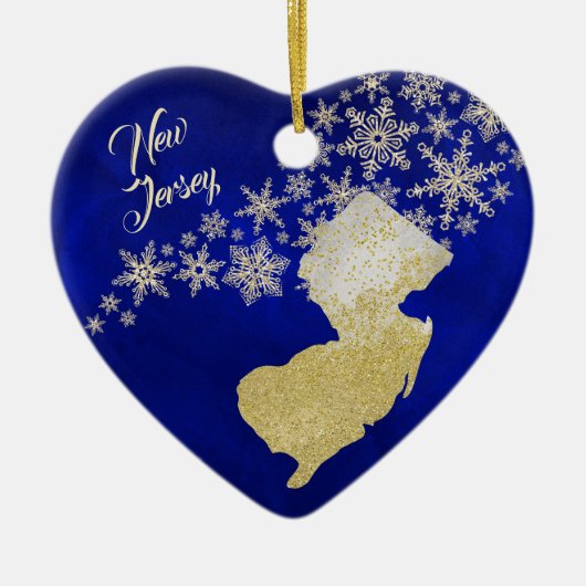 Blue Gold Snowflake New Jersey Herz Keramik Ornament (Vorne)