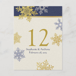 Blue Gold Snowflake Winter Wedding Table Card Postkarte