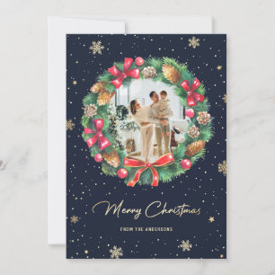 Blue Gold Snowflakes Wreath Foto Feiertagskarte