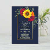 Blue Gold Sonnenblumen Rote Rose Engagement Party Einladung (Stehend Vorderseite)