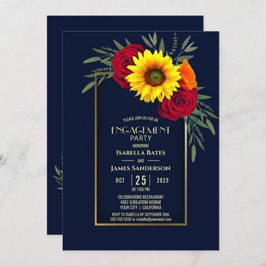 Blue Gold Sonnenblumen Rote Rose Engagement Party Einladung (Vorne/Hinten)