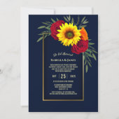 Blue Gold Sonnenblumen Rote Rose Hochzeitsempfang Einladung (Vorderseite)