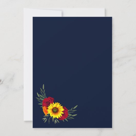 Blue Gold Sonnenblumen Rote Rose Hochzeitsempfang Einladung (Rückseite)