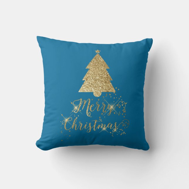Blue Gold Sparkle Frohe Weihnachtsbaum Kissen (Vorderseite)