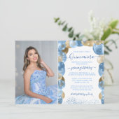 Blue Gold Sparkle Quinceañera Ballon Foto Invita Einladung (Stehend Vorderseite)