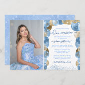 Blue Gold Sparkle Quinceañera Ballon Foto Invita Einladung (Vorne/Hinten)