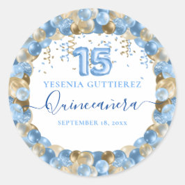 Blue Gold Sparkle Quinceañera Balloon Runder Aufkleber