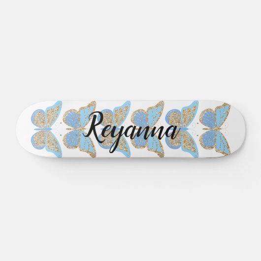 Blue-Gold-Sparkle-Schmetterlinge Personalisiert Skateboard (Horizontal)