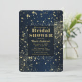 Blue & Gold Sparkling Lights Glam Brautparty Einladung (Stehend Vorderseite)