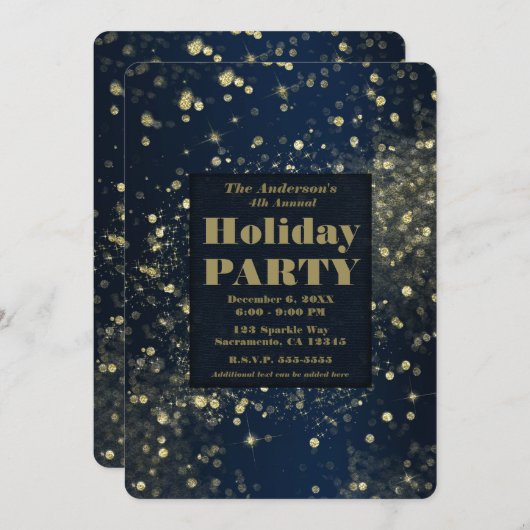Blue & Gold Sparkling Lights Glam Holiday Party Einladung (Vorne/Hinten)