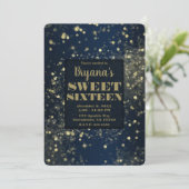 Blue & Gold Sparkling Lights Glam Sweet 16 Party Einladung (Stehend Vorderseite)
