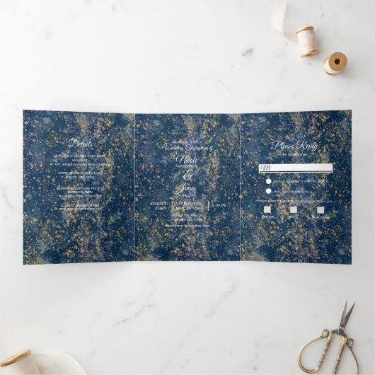 Blue Gold Spritzer Modern Trifold Wedding Program Dreifach Gefaltete Einladung (Innenseite)