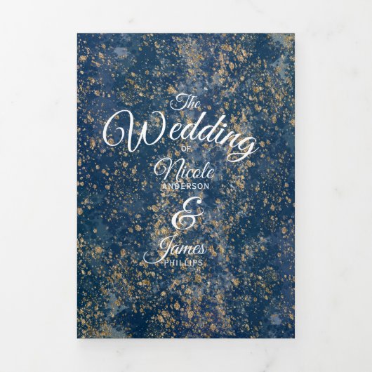 Blue Gold Spritzer Modern Trifold Wedding Program Dreifach Gefaltete Einladung (Cover)