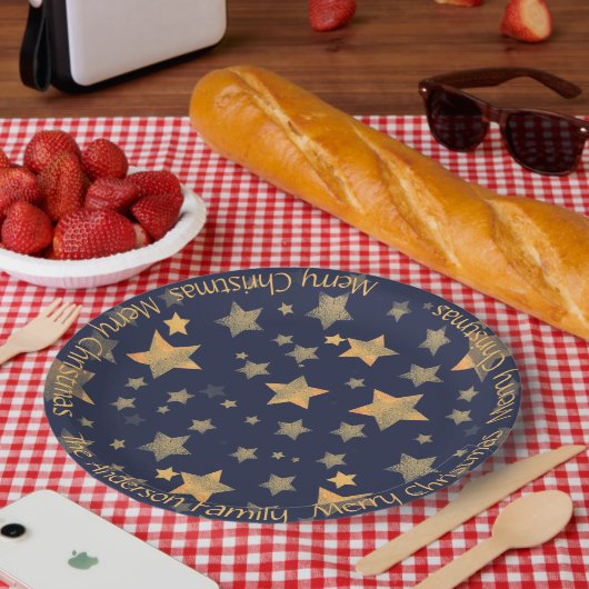 Blue Gold Star Pattern Elegant Vintage Christmas Pappteller (Picknick)