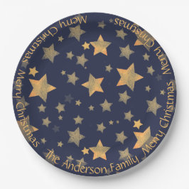 Blue Gold Star Pattern Elegant Vintage Christmas Pappteller