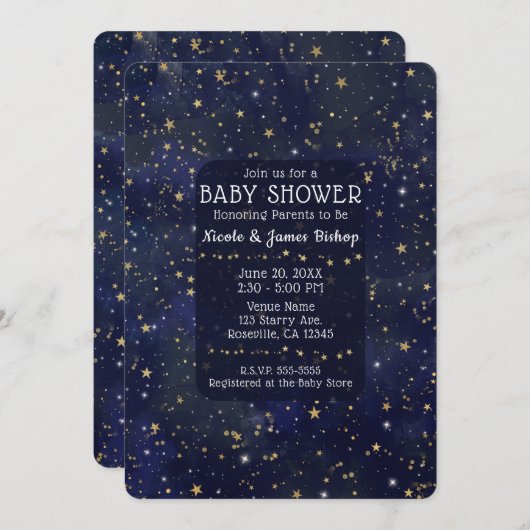Blue & Gold Starry Night Sky Celestial Baby Dusche Einladung (Vorne/Hinten)