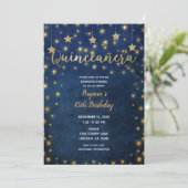 Blue & Gold Stars Celestial Sky Quinceañera Party Einladung (Stehend Vorderseite)