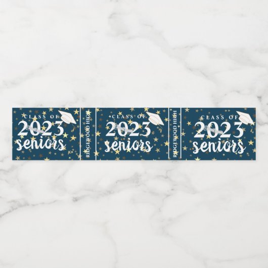 Blue Gold Stars Class of 2024 Senior Abschluss Wasserflaschenetikett (Einzelnes Label)
