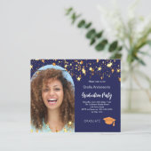 Blue Gold Stars Foto Graduierungsparty Einladung (Stehend Vorderseite)