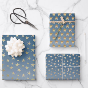 Blue Gold Stars Geschenkpapier Set