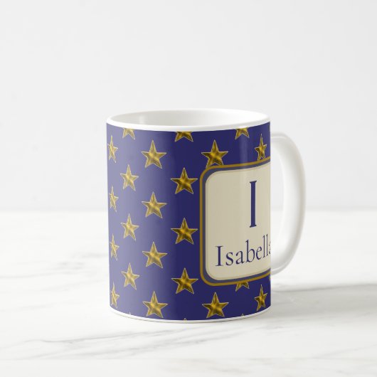 Blue Gold Stars Monogram First Name Initial Kaffeetasse (VorderseiteRechts)