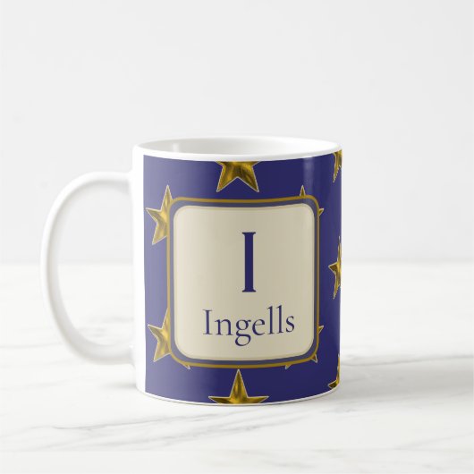 Blue Gold Stars Nachname Monogram Initial Kaffeetasse (Links)