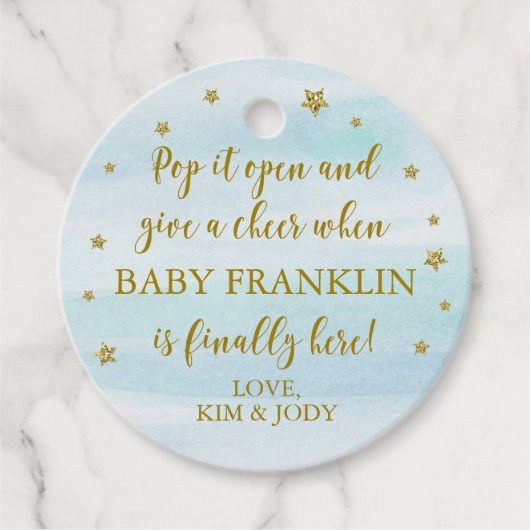 Blue & Gold Stars Pop Open Baby Dusche Geschenkanhänger (Vorderseite)