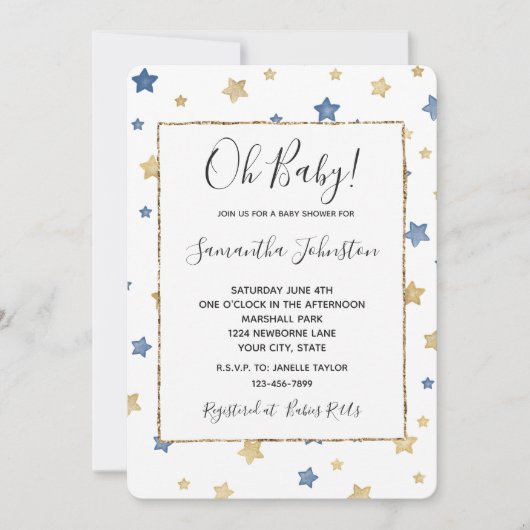 Blue Gold Stars White Baby Dusche Einladung (Vorderseite)