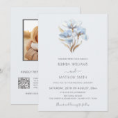 Blue Gold stilisierte Blumen Minimalistisch Einladung (Vorne/Hinten)