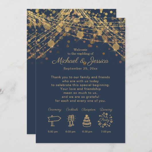 Blue Gold String Lights Hochzeitsreise Einladung (Vorne/Hinten)