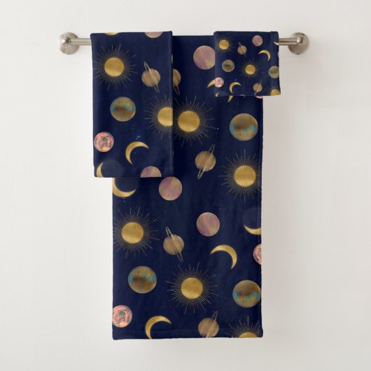 Blue Gold Sun Moon Planets Space Illustration Badhandtuch Set (Insitu)