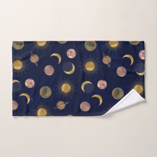 Blue Gold Sun Moon Planets Space Illustration Badhandtuch Set (Handtuch)