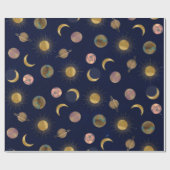 Blue Gold Sun Moon Planets Space Illustration Geschenkpapier (Flach)