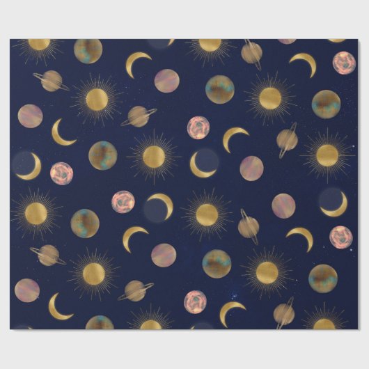 Blue Gold Sun Moon Planets Space Illustration Geschenkpapier (Flach)