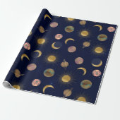 Blue Gold Sun Moon Planets Space Illustration Geschenkpapier (Ungerollt)