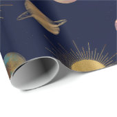 Blue Gold Sun Moon Planets Space Illustration Geschenkpapier (Rolleneckpunkt)