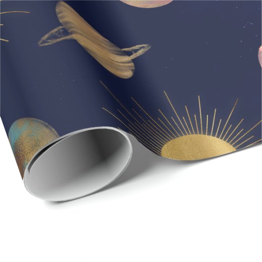 Blue Gold Sun Moon Planets Space Illustration Geschenkpapier (Rolleneckpunkt)