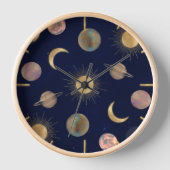 Blue Gold Sun Moon Planets Space Illustration Uhr (Vorderseite)